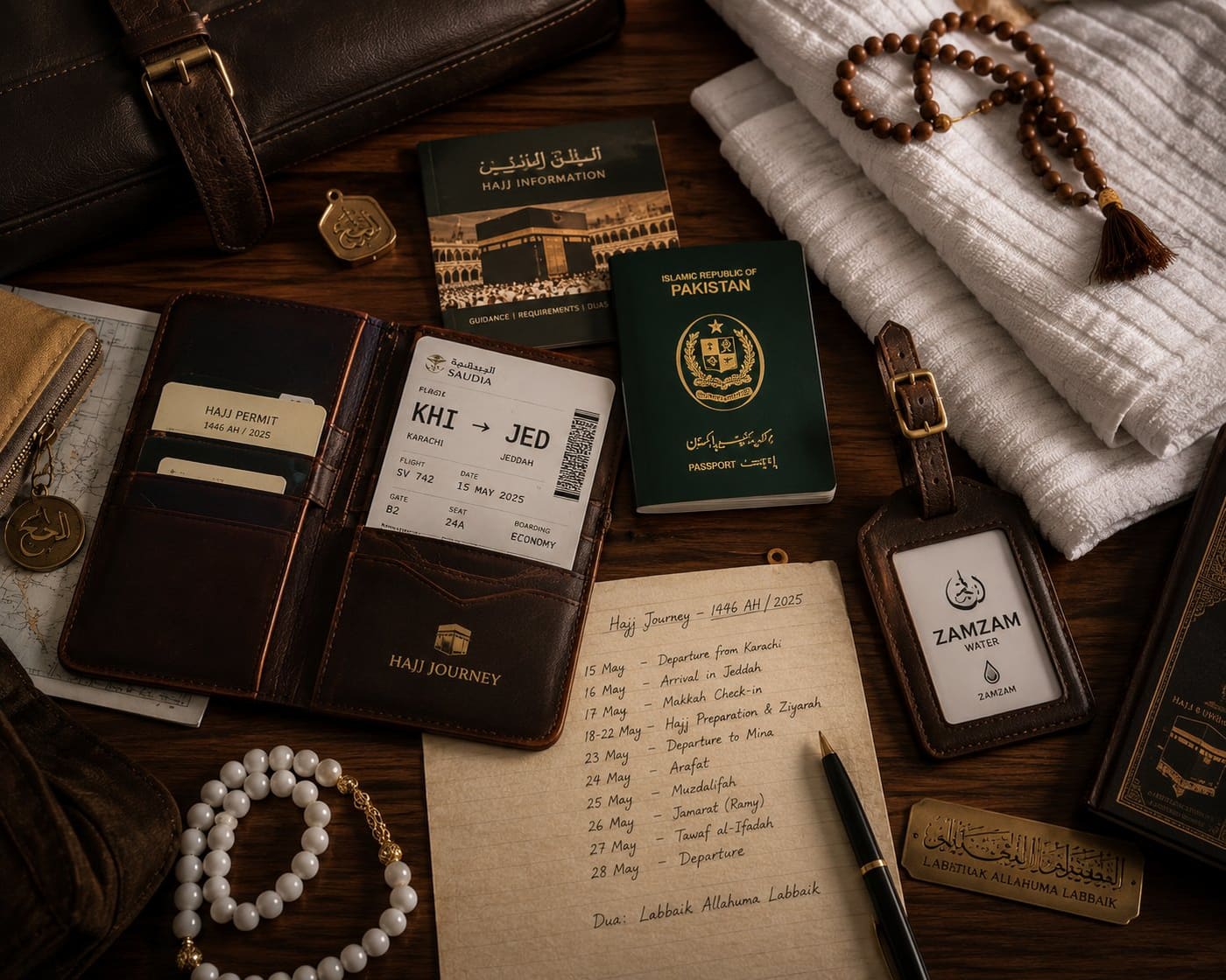 A Pakistani passport, a Karachi to Jeddah boarding pass, folded white ihram towels, a tasbih and a handwritten Hajj itinerary laid out on a desk