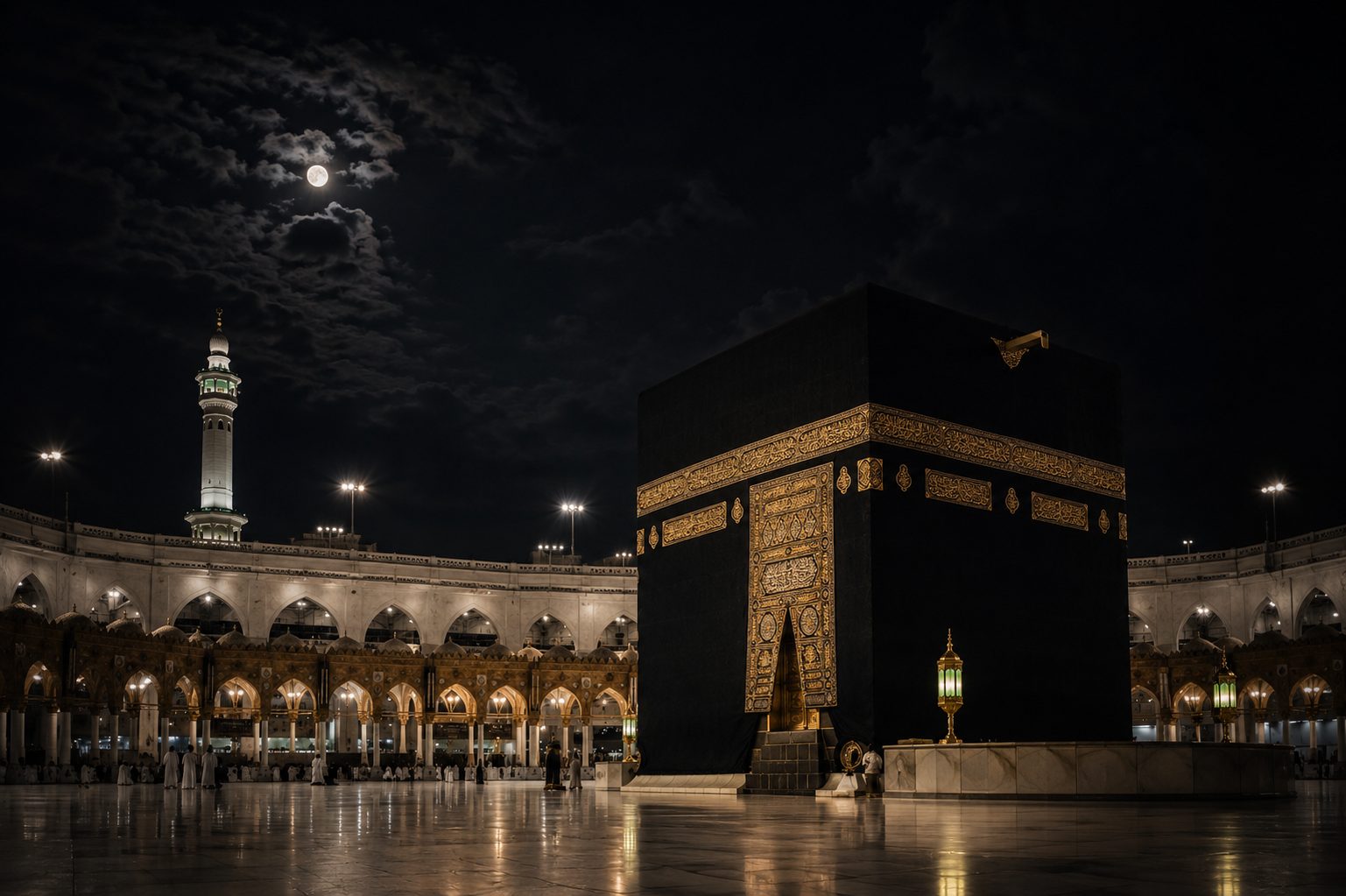 The Holy Kaaba beneath a full moon, Masjid al-Haram, Makkah