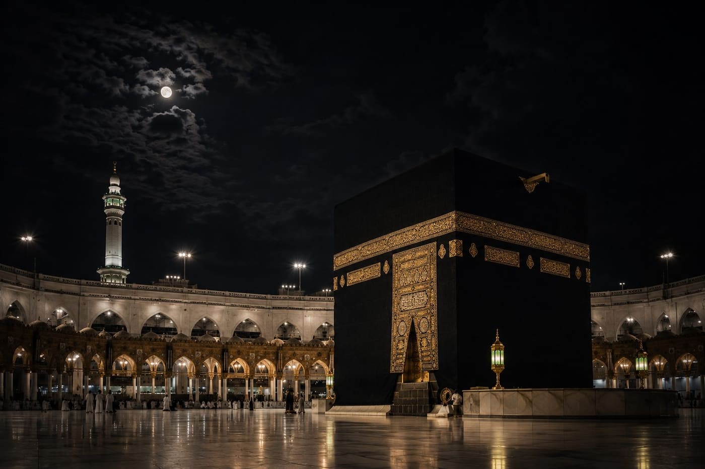 The Holy Kaaba beneath a full moon, Masjid al-Haram, Makkah
