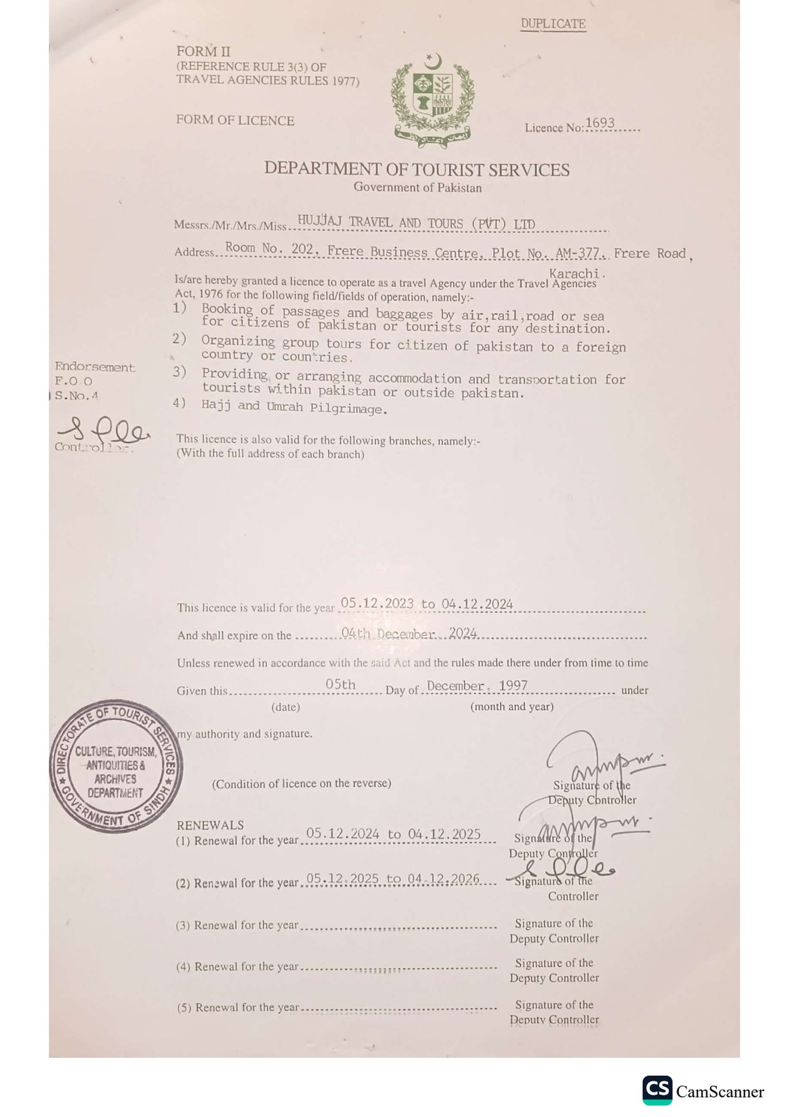 Department of Tourist Services licence
