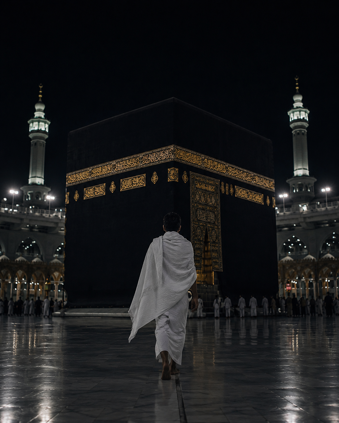 A lone pilgrim before the Holy Kaaba at night