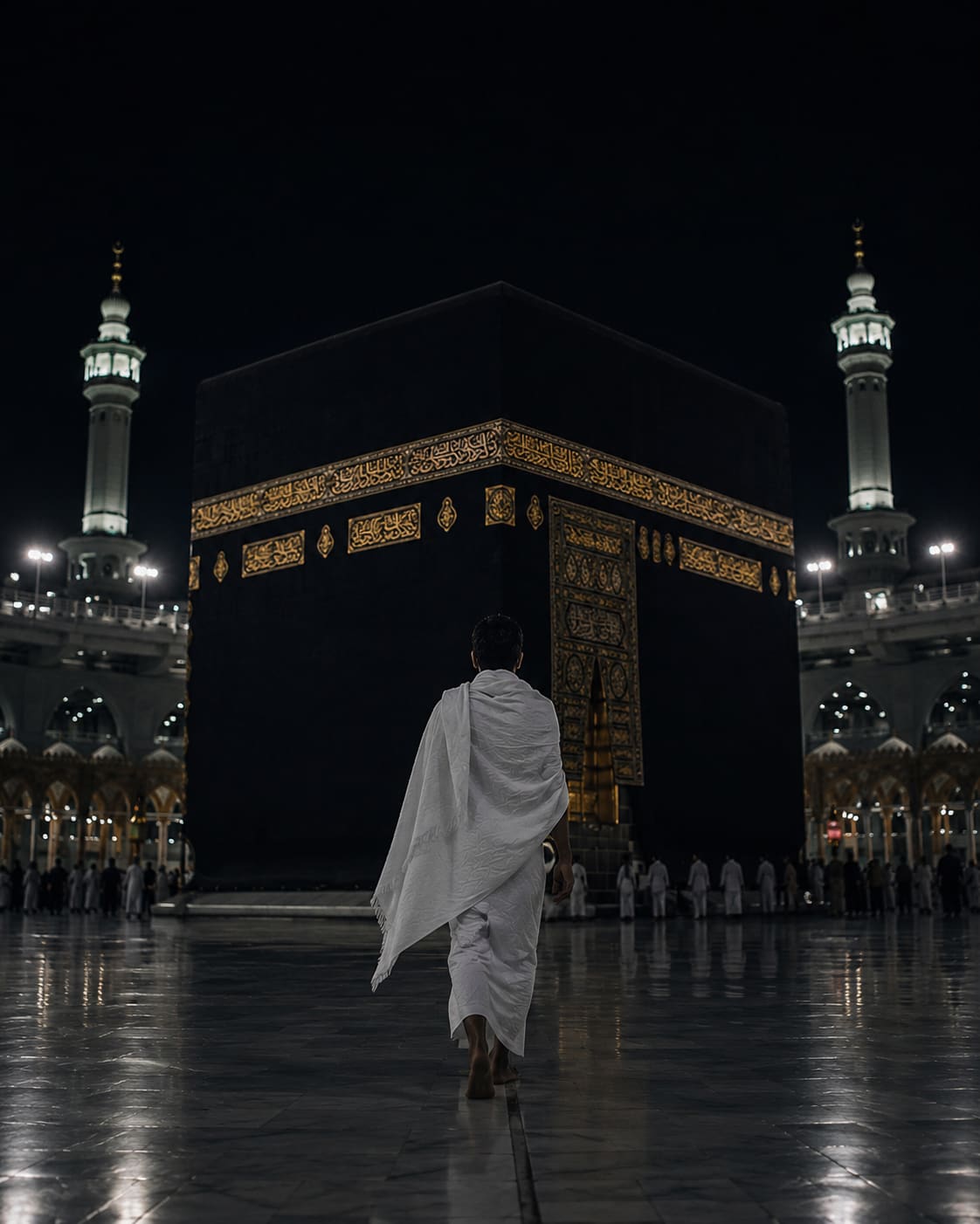A lone pilgrim before the Holy Kaaba at night