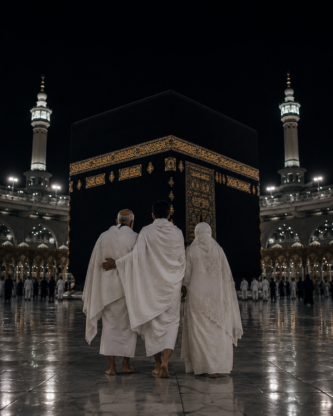 A pilgrim performing Hajj alongside his parents at the Kaaba