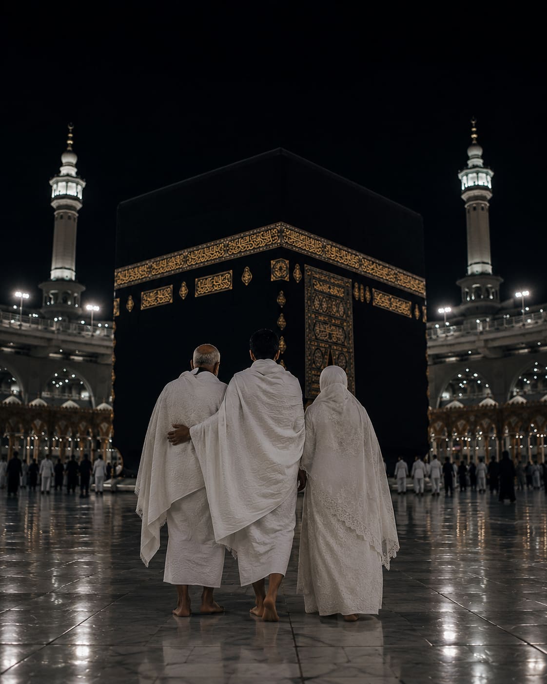 A pilgrim performing Hajj alongside his parents at the Kaaba